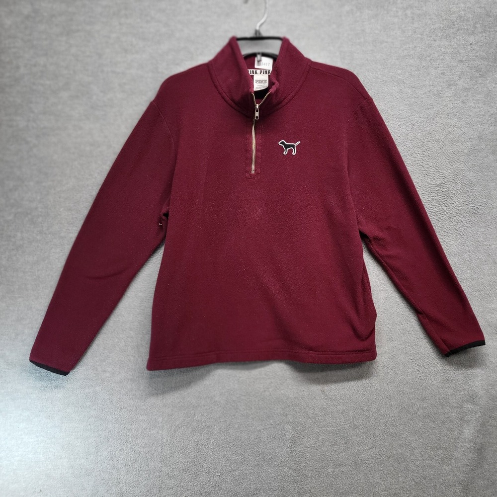 Victoria Secret PINK Women Sweatshirt Large Red Fleece 1/4 Zip Mock Neck Pullove